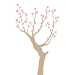 Naklejka premium light brown crooked curved tree with branches with small pink flowers isolated on white background