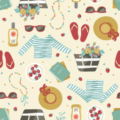 Seamless pattern of summer beach clothes and accessories such as hat, bag with flowers, sunglasses and sunblock. Hand drawn artistic illustration.