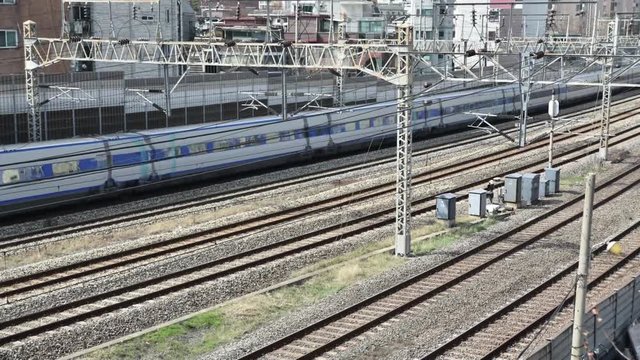 Time lapse. Trains passing on Rails, in Seoul City ,South Korea.