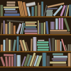 Wooden bookcase with bright and colorful books