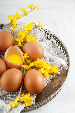 brown hen's eggs decorates with yellow flowers on antique plate, rustic food photography on white wood can be used as background