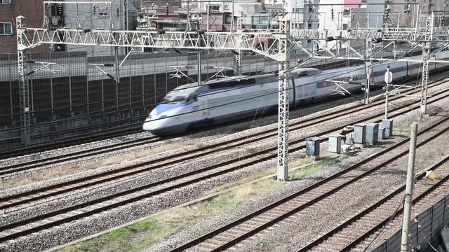 Trains passing on Rails, in Seoul City ,South Korea.