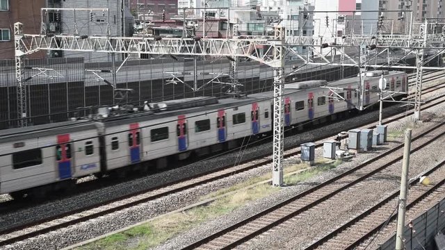 Trains passing on Rails, in Seoul City ,South Korea.