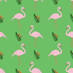 Seamless pattern. Tropical sheets, exotic African birds and flowers, vector illustration