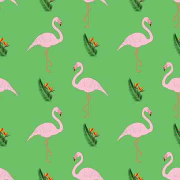 Seamless pattern. Tropical sheets, exotic African birds and flowers, vector illustration