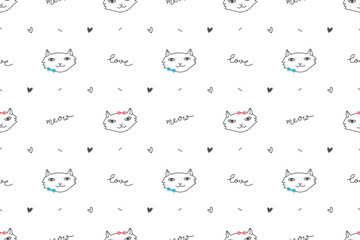 cute cats faces, vector hand drawn seamless pattern