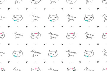 Cats in love, vector seamless pattern with cartoon cat faces and lettering Meow You