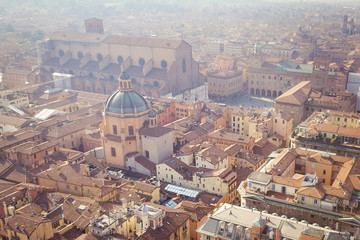 Aerial view of an old city center in daylight. Bologna, Italy