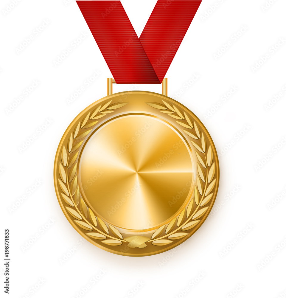 Wall mural Vector gold medal with a red ribbon. Laurel wreath. Award for the victory.Winner.