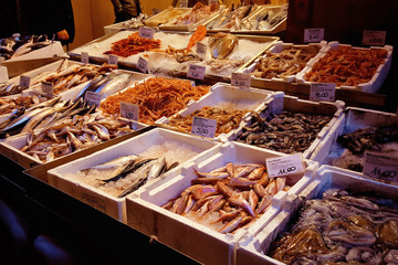 Closeup of food market with fish store. Bologna, Italy