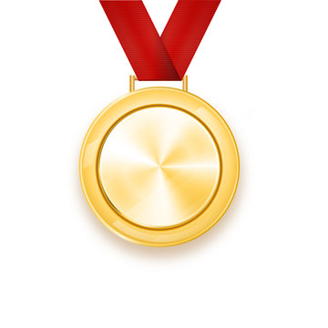 Vector gold medal with a red ribbon. Laurel wreath. Award for the victory.Winner.
