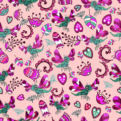 Seamless texture. Multicolor pattern of dragonflys , flowers and leaves.