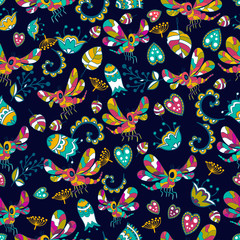 Seamless texture. Multicolor pattern of dragonflys , flowers and leaves.