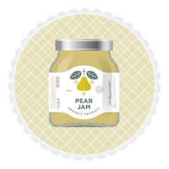 Pear jam label and packaging. Premium design. The flat original illustration and texts on the minimalist label on the jar.