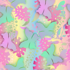 Seamless texture. Multicolor pattern of butterflies, flowers and leaves.