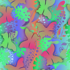 Naklejka na ściany i meble Seamless texture. Multicolor pattern of butterflies, flowers and leaves.