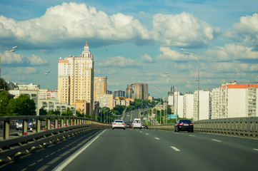 Fototapeta na wymiar Traffic on Kutuzovsky avenue in Moscow