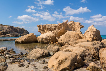 Firirplaka beach and rock formations on Milos island.