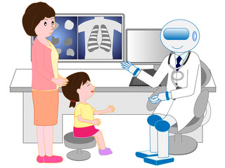 人工知能のロボット医師から診察を受ける子ども