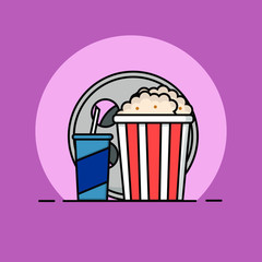 Popcorn, filmstrip and soda with straw. Cinema icon in flat dsign style. Vector illustration