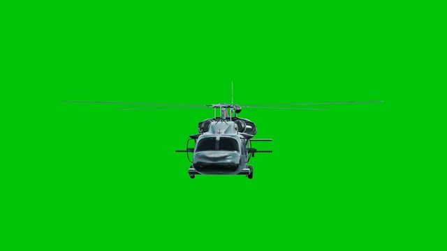 Military Helicopter on green screen, army aircraft rotating on green background, 3D animation