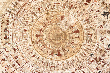 Central part of the 18th century dome of Chhatri of Thakur Sardul Singh with battle scenes of the Hindu epic Ramayana, local noblemen, and the love story of Dhola Maru. Parasrampura, Rajasthan