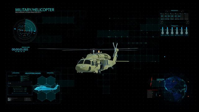 Military Helicopter, army aircraft rotating on black background with infographic data, loop