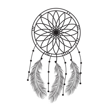 Dream catcher graphic in black and white  decorated with feathers and beads  giving its owner good dreams in mandala style. Vector illustration.
