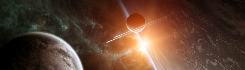 Panoramic view of planets in distant solar system 3D rendering elements of this image furnished by NASA
