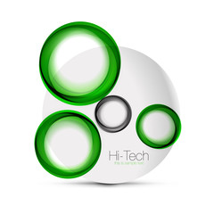 Circle web layout - digital techno spheres - web banner, button or icon with text. Glossy swirl color abstract circle design, hi-tech futuristic symbol with color rings and grey metallic element