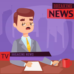 Naklejka premium Vector Illustration anchorman breaking news and tv screen layout pofessional interview people in TV studio newsreader breaking news anchor. Communication broadcast newscaster anchor journalist