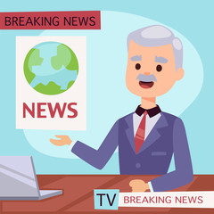 Vector Illustration anchorman breaking news and tv screen layout pofessional interview people in TV studio newsreader breaking news anchor. Communication broadcast newscaster anchor journalist