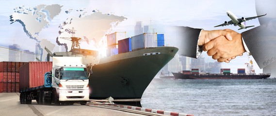 container truck ,ship in port and freight cargo plane in transport and import-export commercial...