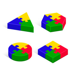 Puzzle 3d geometric isometric figure set, three-dimensional vector isolated color illustration