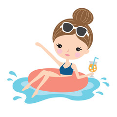 Woman or teenage girl floating on inflatable ring in swimming pool vector illustration.