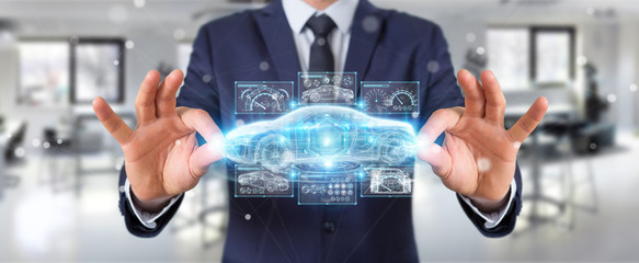 Businessman using modern smart car interface 3D rendering