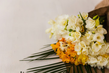Bouquet of white and yellow freesia