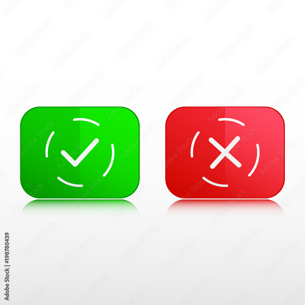 Aufkleber buttons, thin line icons. green check mark button and red cross button. vector illustration isolated
