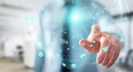 Businessman using holograms datas digital sphere 3D rendering