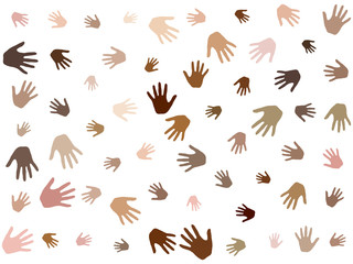 Fototapeta premium Hands with skin color diversity vector background. Community concept icons, social, national, racial issues symbols. Helping hand prints, human palms - charity, assistance, volunteering concept.