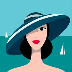 Stylish beautiful model for fashion design. Art deco graphic illustration. Portrait of pretty girl on sea.