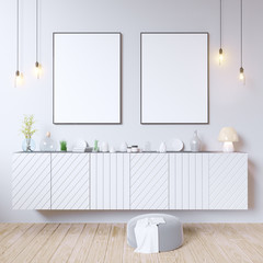 mock up poster frames in hipster interior background, Scandinavian style, 3D render, 3D illustration