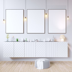mock up poster frames in hipster interior background, Scandinavian style, 3D render, 3D illustration