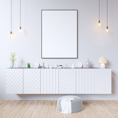 mock up poster frames in hipster interior background, Scandinavian style, 3D render, 3D illustration
