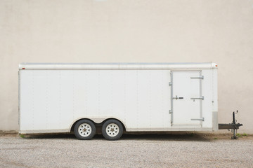 White trailer in profile, copy space