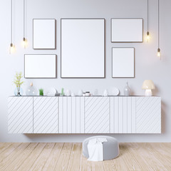 mock up poster frames in hipster interior background, Scandinavian style, 3D render, 3D illustration