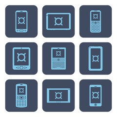 Set of icons - mobile devices with currency symbols on screens