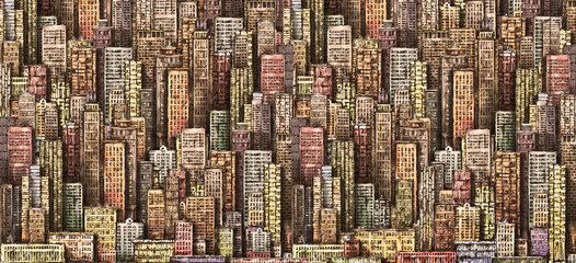 Fototapety  Hand drawn background with big city. Illustration with architecture, skyscrapers, megapolis, buildings, downtown.