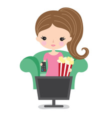Vector illustration of young woman or teenage girl watching television on a sofa while holding a popcorn.