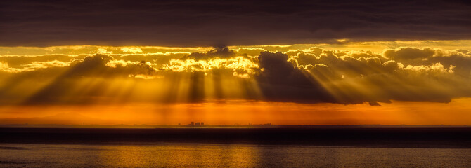 Panorama of dramatic sunrise over the Los Angeles skyline